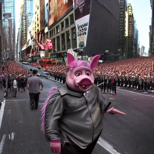 Image similar to a parade in new york city, everyone is dressed as Pigsy from Manhunt, 4k