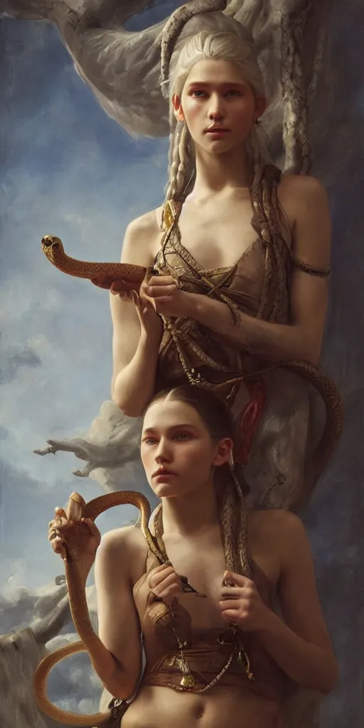 Prompt: the portrait of ( ( ( ( ( hunter schafer ) ) ) ) ) as a snake charmer by roberto ferri, fantasy, beautiful, centered, intricate detail, girl, witcher, very detailed oil painting, masterpiece, 8 k