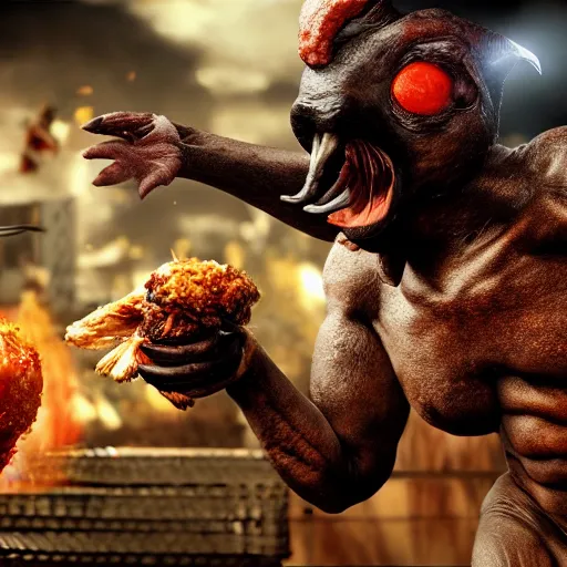 Image similar to Big dark person destroying chicken world, hyper realistic, 4k, high detailed, octane rader