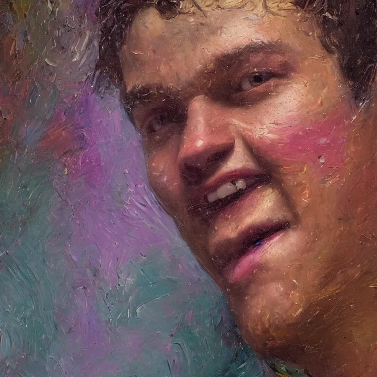 Prompt: Beautiful warmly lit close up studio portrait of young teenage Thanos sweetly smiling cute, impasto oil painting heavy brushstrokes by Cy Twombly and Anselm Kiefer , trending on artstation dramatic lighting abstract Expressionism