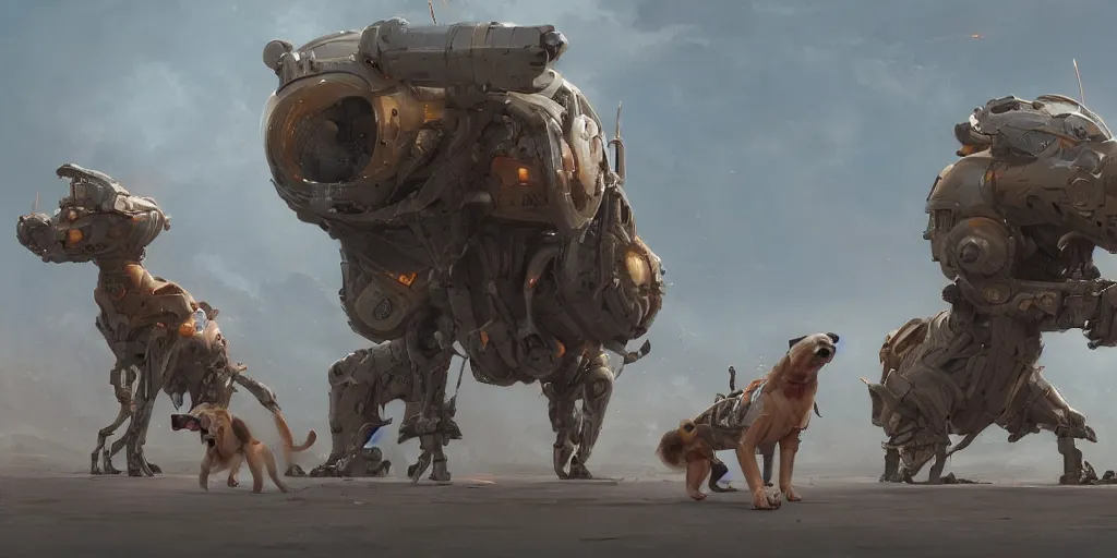 Image similar to sci fi humanoid dog characters, Moebius, Greg Rutkowski, Zabrocki, Karlkka, Jayison Devadas, Phuoc Quan, trending on Artstation, 8K, ultra wide angle, pincushion lens effect