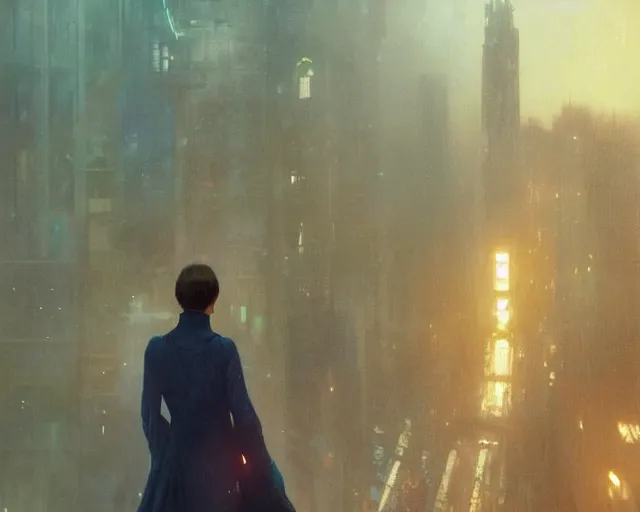 Image similar to 2 0 1 8 blade runner movie still girl look at the cityscape from roof perfect face fine realistic face pretty face neon puffy jacket blue futuristic sci - fi elegant by denis villeneuve tom anders zorn hans dragan bibin thoma greg rutkowski ismail inceoglu illustrated sand storm alphonse mucha