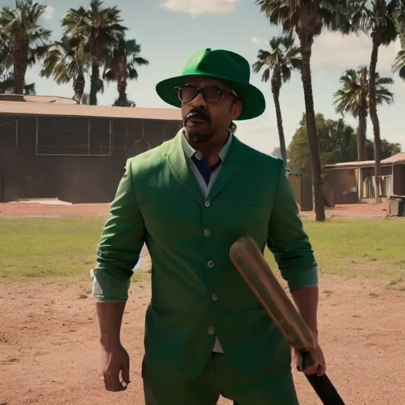 Prompt: Still from Better Call Saul of Big Smoke with green clothing and trilby hat, swinging a baseball bat