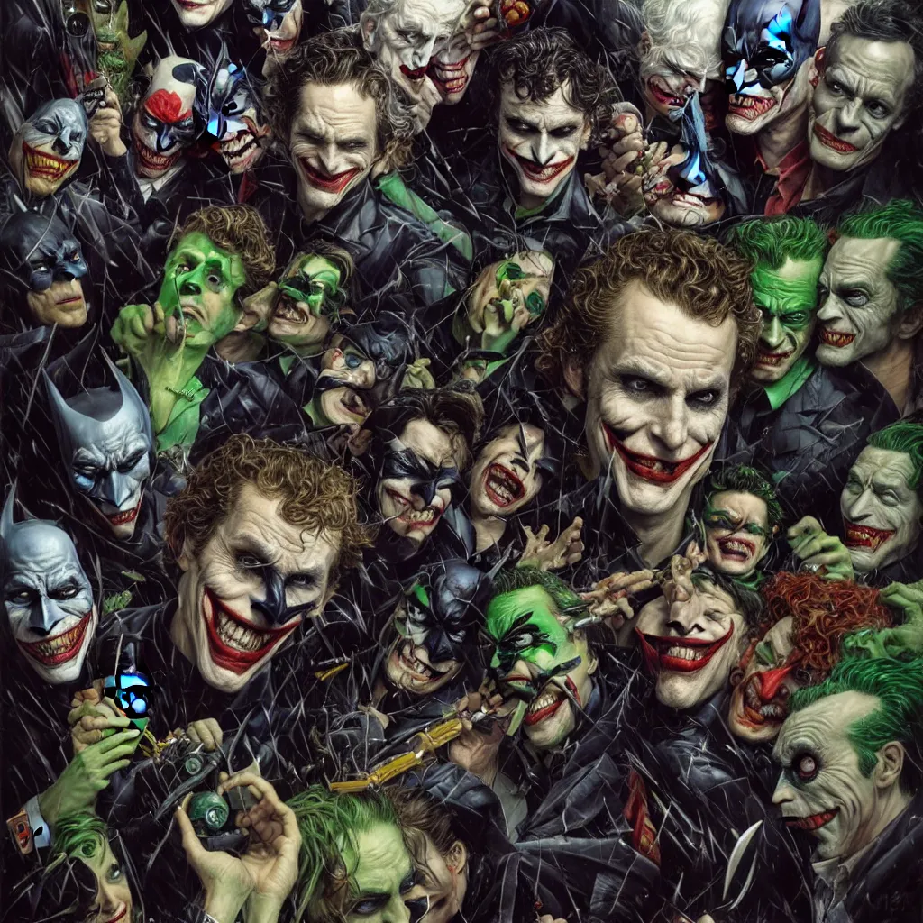 Prompt: a portrait of batman standing with the joker, robin, the riddler, the scarecrow, twoface, and the batmobile by karol bak, james jean, tom bagshaw, rococo, sharp focus, trending on artstation, cinematic lighting, hyper realism, octane render, 8 k, hyper detailed, vivid, ultra detailed, highly detailed