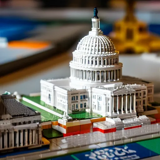 Image similar to washington dc, capitol building, legos, legoset, vintage, aerial view, double - exposure, 3 d, floodlight, ray tracing reflections