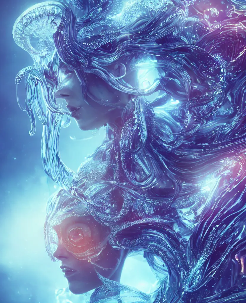 Image similar to close-up macro portrait of the face of a beautiful princess, epic angle and pose, symmetrical artwork, 3d with depth of field, blurred background, cybernetic jellyfish female face skull phoenix bird, translucent, nautilus, energy flows of water and fire. a highly detailed epic cinematic concept art CG render. made in Maya, Blender and Photoshop, octane render, excellent composition, cinematic dystopian brutalist atmosphere, dynamic dramatic cinematic lighting, aesthetic, very inspirational, arthouse. y Greg Rutkowski, Ilya Kuvshinov, WLOP, Stanley Artgerm Lau, Ruan Jia and Fenghua Zhong