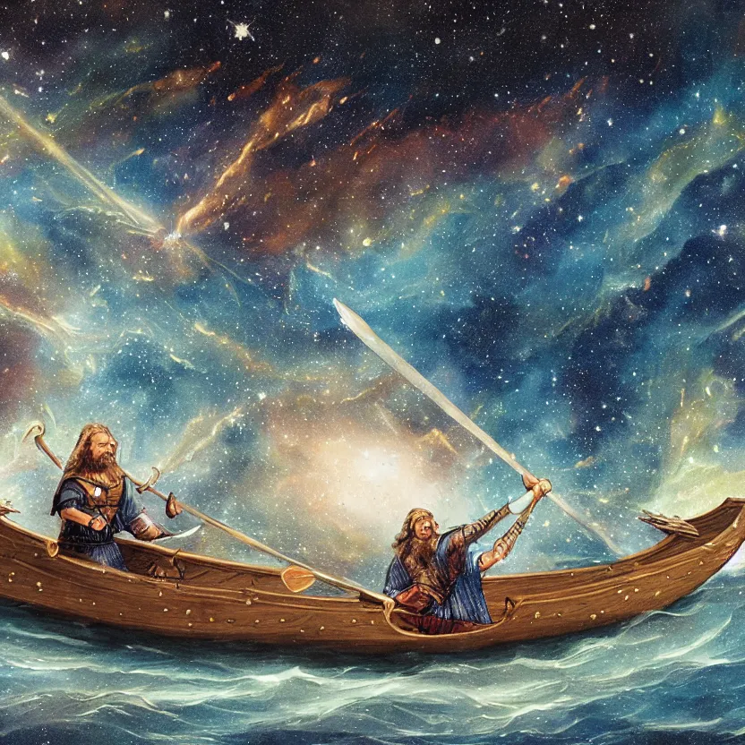 Prompt: a medieval viking longboat rowing through an ocean that is a nebula, several supernovae in the background, stellar explosions spewing streams of gas into space