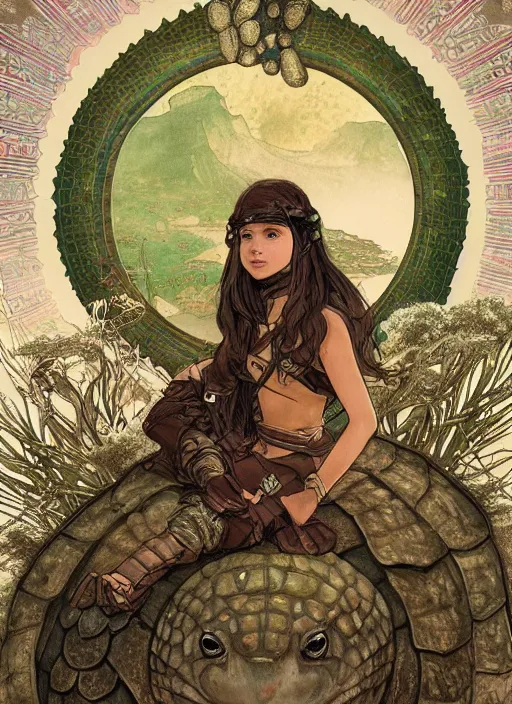 Image similar to portrait of a little warrior girl character sitting on top of a giant armored turtle in the desert, epic character with dark skin and beautiful green eyes. the girl has a very beautiful detailed symmetrical face, long black hair. the turtle has a big wise face and closed eyes, diffuse night light, dramatic landscape, fantasy illustration by mucha