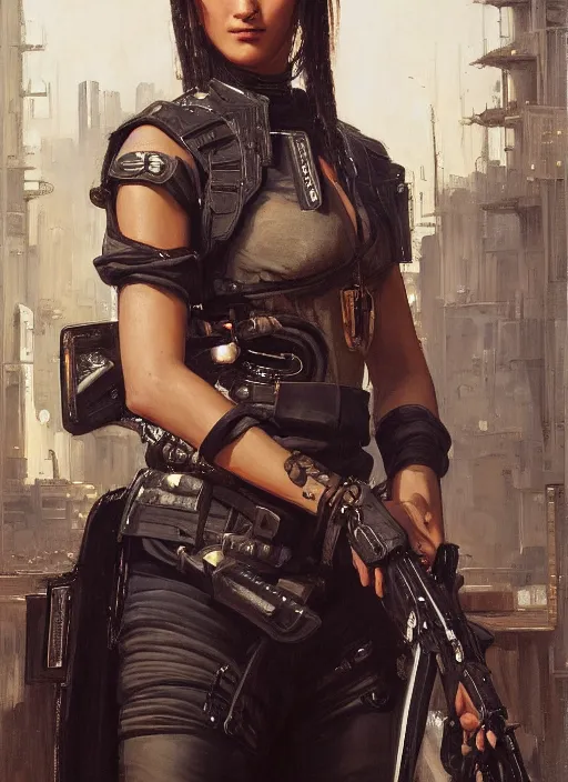 Image similar to Maria. beautiful cyberpunk Samurai woman wearing a military vest and military jumpsuit (cyberpunk 2077). gorgeous african face. Iranian orientalist portrait by john william waterhouse and Edwin Longsden Long and Theodore Ralli and Nasreddine Dinet, oil on canvas. Cinematic, hyper realism, realistic proportions, dramatic lighting, high detail 4k