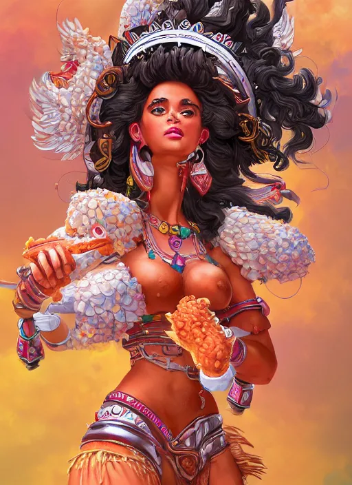 Image similar to the Goddess of Fried Chicken, detailed digital art, trending on Artstation