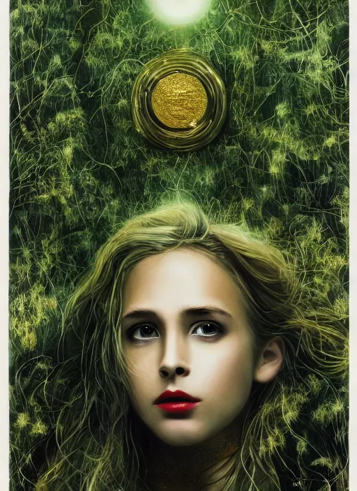 Image similar to glowing silver and golden elements, full close-up portrait, young female Ryan Gosling as a dark witch, book cover, green forest, white moon, red lips, establishing shot, extremly high detail, photo-realistic, cinematic lighting, pen and ink, intricate line drawings, by Yoshitaka Amano, Ruan Jia, Kentaro Miura, Artgerm, post processed, concept art, artstation, matte painting, style by eddie, raphael lacoste, alex ross