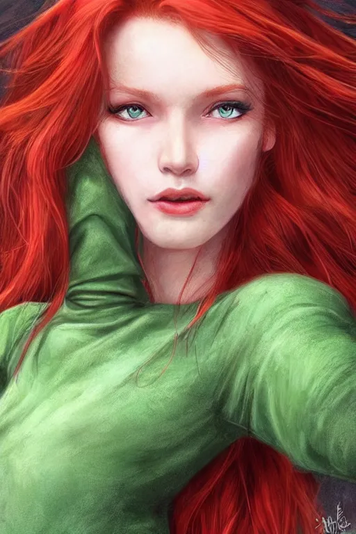 Prompt: beautiful cute red haired joyful and playful nineteen year old maiden standing up in casual green clothing, long hair, attractive face, modern city, rpg character, sci - fi, fantasy, intricate, elegant, digital painting, artstation, concept art, smooth, 8 k frostbite 3 engine, ultra detailed, art by artgerm magali villeneuve