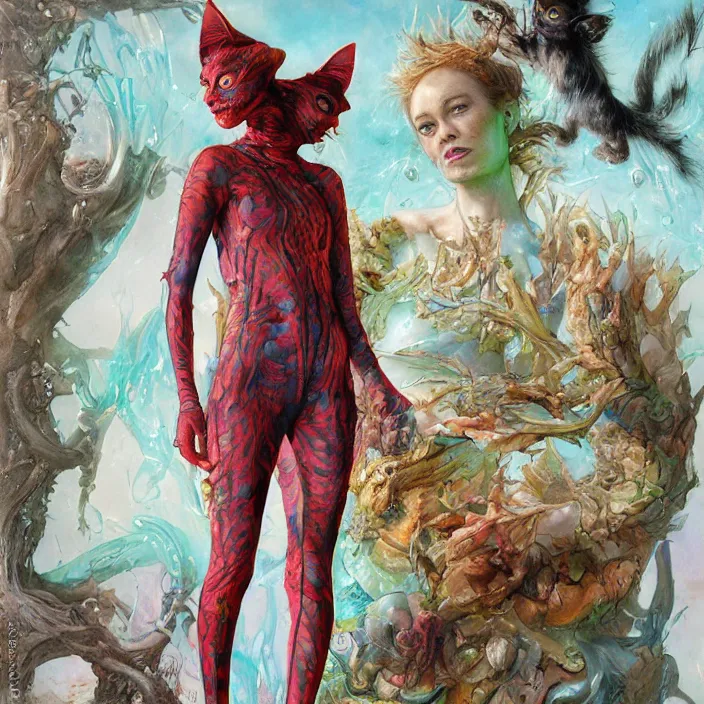 Prompt: a fashion editorial of brie larson as a brightly colored alien cat hybrid super hero vampire with wet mutated scaled skin. wearing a infected transparant organic catsuit. by tom bagshaw, donato giancola, hans holbein, walton ford, gaston bussiere, peter mohrbacher, brian froud and iris van herpen. 8 k, cgsociety
