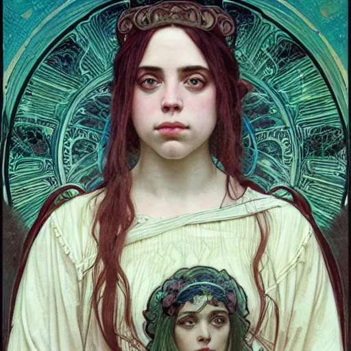 Prompt: detailed portrait art nouveau painting of Billie Eilish as the goddess of an extremely moody abandoned industrial city at night, with anxious, piercing eyes, by Alphonse Mucha, Michael Whelan, William Adolphe Bouguereau, John Williams Waterhouse, and Donato Giancola