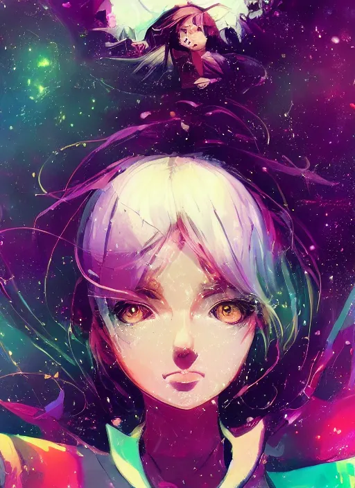 Image similar to portrait of a very cute girl, very psychedelic space background illustration concept art anime key visual, very trippy and abstract, trending pixiv fanbox by wlop and greg rutkowski and makoto shinkai and studio ghibli and kyoto animation