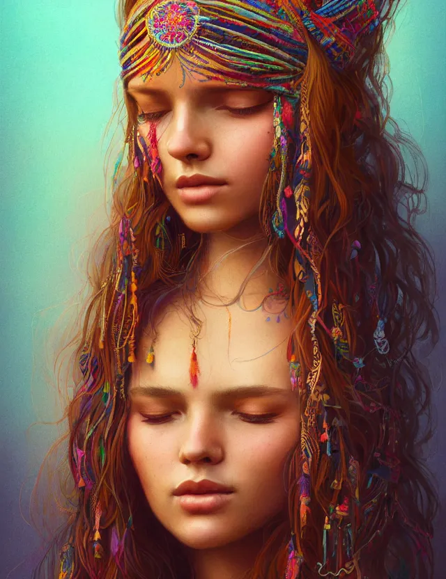Prompt: portrait of a young woman wearing boho clothing, hippie girl, long hair, groovy hairband, bangs, woodstock background, intricate, smooth, groovy lighting, highly detailed, digital painting, artstation, concept art, smooth, sharp focus, illustration, art by wlop, mars ravelo and greg rutkowski