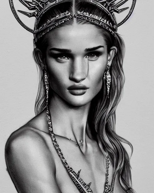 Prompt: realism tattoo sketch of rosie huntington - whiteley as a beautiful greek goddess aphrodite with piercing eyes wearing a laurel wreath and triangle earrings, in the style of greg rutkowski, amazing detail