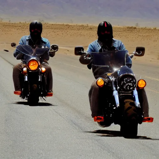 Image similar to hells angels riding ona long road in the desert