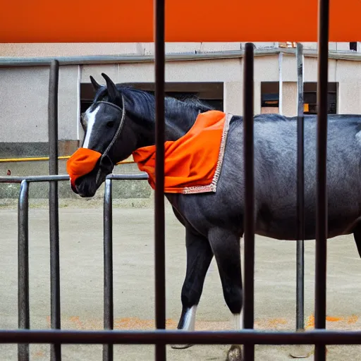 Image similar to horse with orange inmate clothes, in a jail