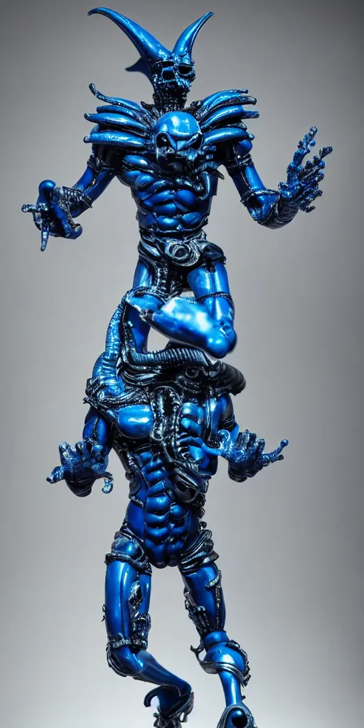 Prompt: blue demon with xenomorph intricated jewelry figure plastic in a runway fashion show, realistic photography paparazzi