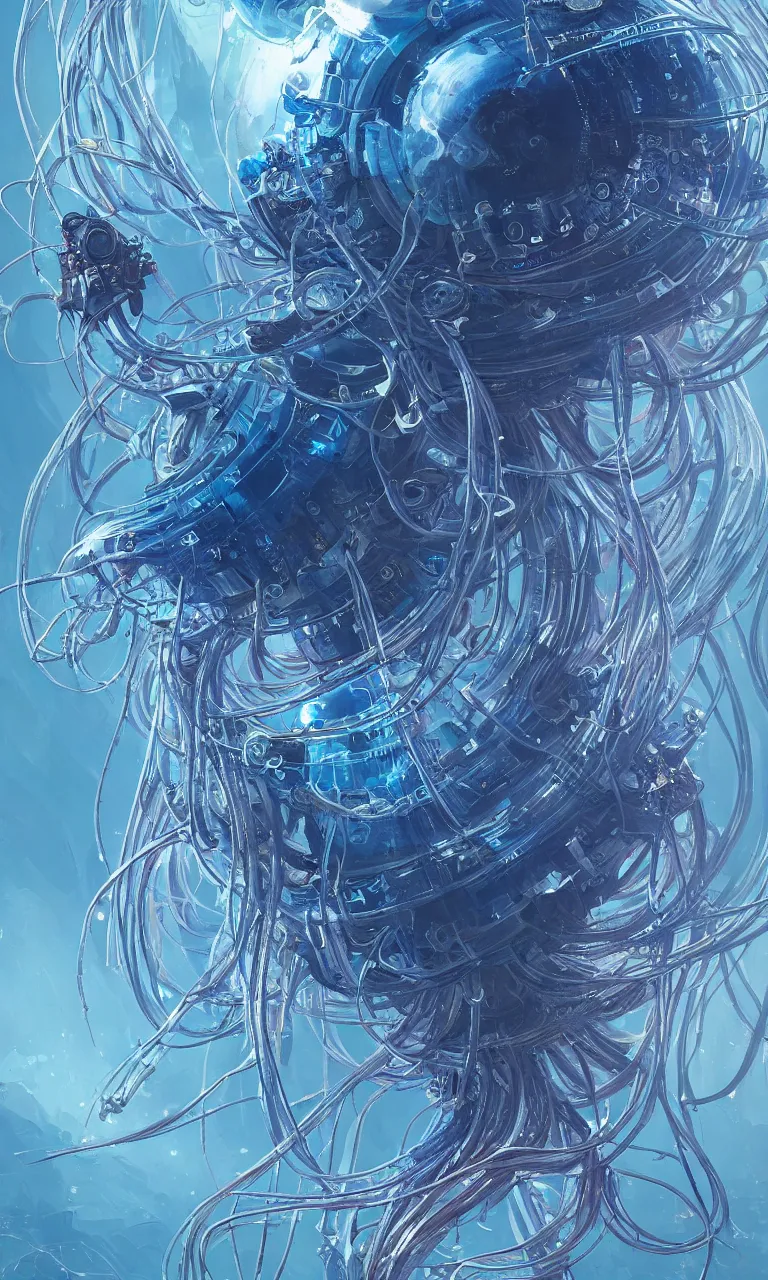 Image similar to a hyper detailed painting of a cyberpunk jellyfish, cables everywhere, blue tones, underwater, highly detailed, digital painting, artstation, concept art, smooth, sharp focus, illustration, art by artgerm and greg rutkowski and alphonse mucha