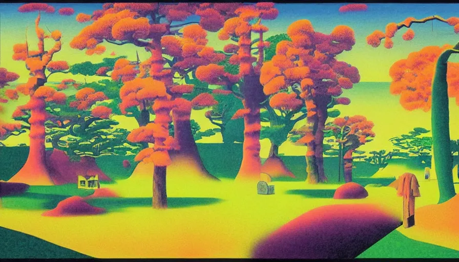 Image similar to Japan rural splendor travel and tourism c2050, surrealist psychedelic collage painting in the style of Magritte, Roger Dean, Yoshio Awazu, muted deep neon color