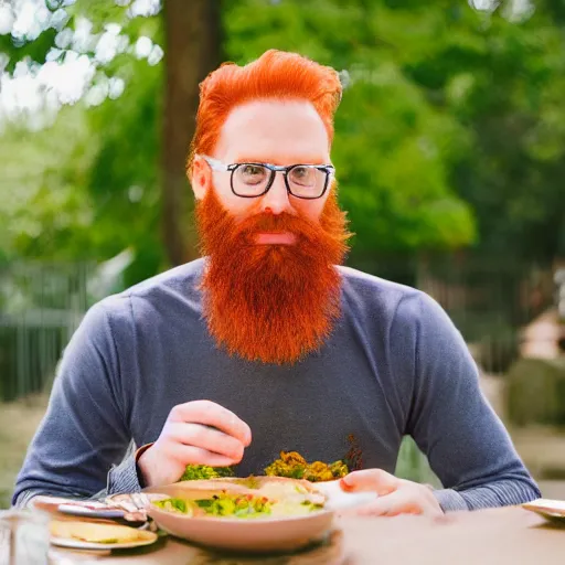 Prompt: red headed man with beard having lunch in a bright beautiful botanical gardens with a foundation in the background, water colour