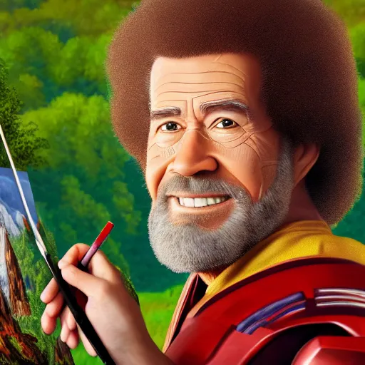 Image similar to a closeup photorealistic photograph of bob ross with a paintbrush and diligently finishing a canvas painting of iron man. mountains and trees. film still. brightly lit scene. this 4 k hd image is trending on artstation, featured on behance, well - rendered, extra crisp, features intricate detail, epic composition and the style of unreal engine.