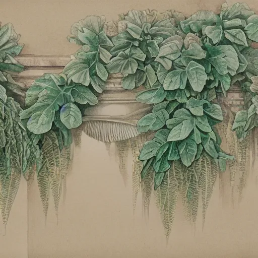 Prompt: delicate marble garden on paper floating puffy vines botanical 1 9 2 0 herbarium botanic watercolors coastline iridescent 8 k wide angle realistic shaded fine details, artstation italian rainbow colonnade oak pinecone gardena architecture pompeii rome naples sicily, boundary wall