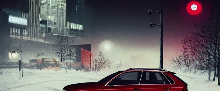 Image similar to Audi A4 B6 Avant (2002), a gritty neo-noir, simon stalenhag, Max Payne (PC) (2001) winter new york at night, dramatic bright lighting, cinematic, establishing shot, extremely high detail, photorealistic, cinematic lighting, artstation, by simon stalenhag, dark night, bright lights, eldritch horror