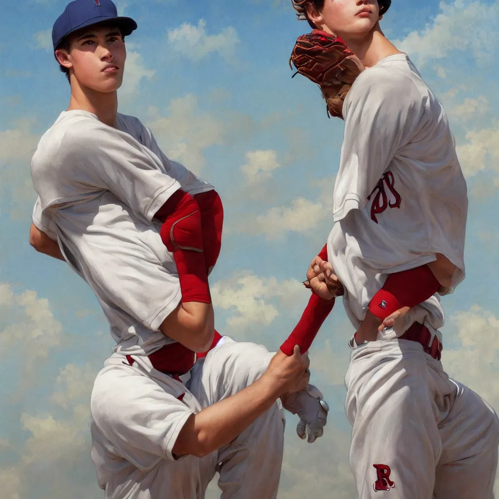 Prompt: portrait of a young baseball player, 1 8 years old, correct body structure, blue sky and white clouds, red eyes, peaceful expression, detailed face, amazing, thighs, the feeling of summer, intricate, highly detailed, digital painting, artstation, concept art, sharp focus, illustration, art by greg rutkowski and alphonse mucha