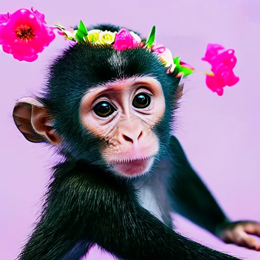 Prompt: baby monkey with flower crown, dubblefilm Bubblegum