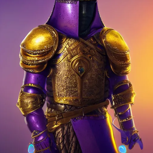 Image similar to a highly detailed knight with glowing purple eyes in a T golden helmet and a golden crown with a blue diamond in the center, golden armor, leather clothes under the armor, leather gloves, holds a black sword, artstation, DeviantArt, professional, octane render, sunset lighting