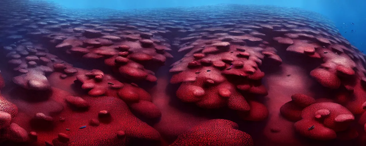 Image similar to A gorgeous detailed oil of a dark red sea covered in big blue steep rocks, a school of piranhas underwater, the further away the mistier it gets, surreal, concept art, dark aesthetic, atmospheric, moody, hyperrealism, highly detailed, masterpiece, award winning, 4k, unreal engine