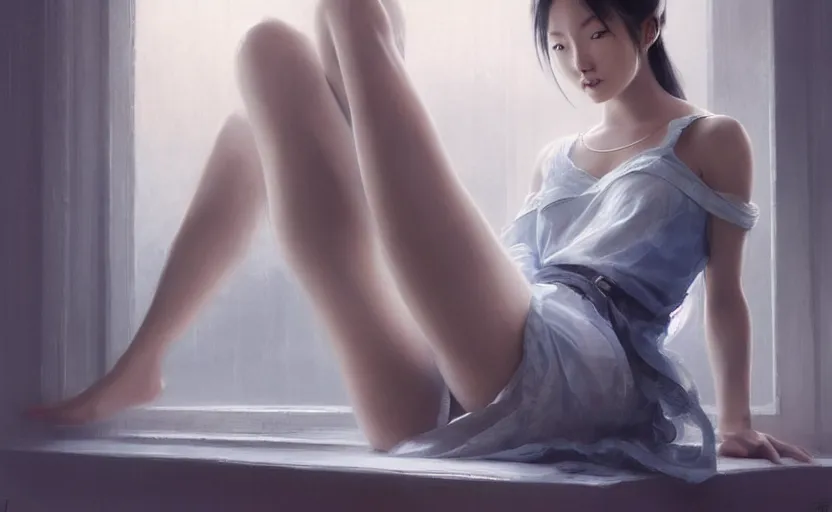 Prompt: beautiful asian woman sitting on the floor, soft grey and blue natural light, intricate, digital painting, artstation, concept art, smooth, sharp focus, illustration, art by greg rutkowski and luis rollo and uang guangjian and gil elvgren, symmetry!