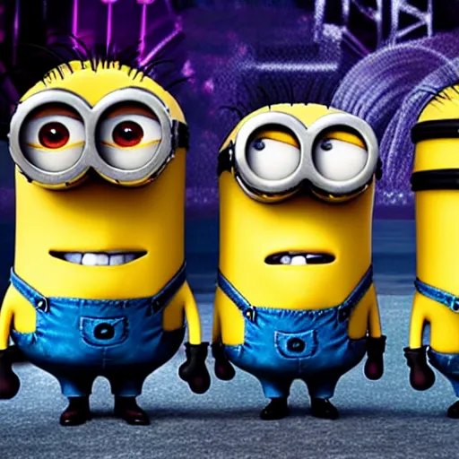 Prompt: minions as a heavy metal band from 8 0 s playing concert on wembley arena together with queen band