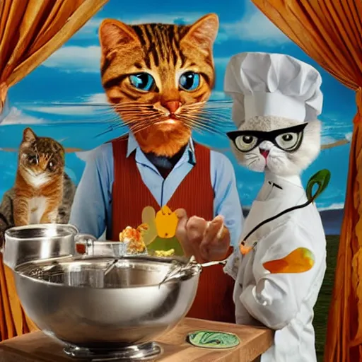 Prompt: anthropomorphic cats chef competing at the Masterchef TV show, by Salvador Dali