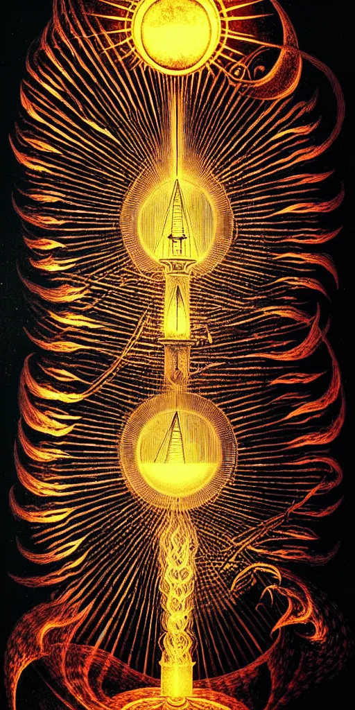 Image similar to an alchemical fiery lighthouse radiates a unique canto'as above so below'while being ignited by the spirit of haeckel and robert fludd, breakthrough is iminent, glory be to the magic within, in honor of saturn, painted by ronny khalil