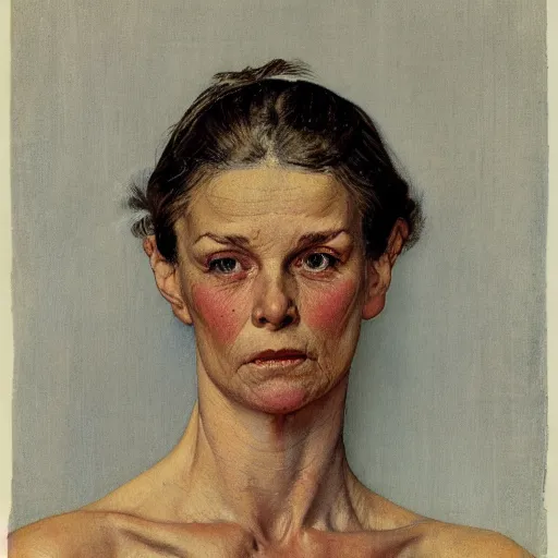 Image similar to A frontal portrait of a delicate, muscular and exhausted woman, by Norman Rockwell.