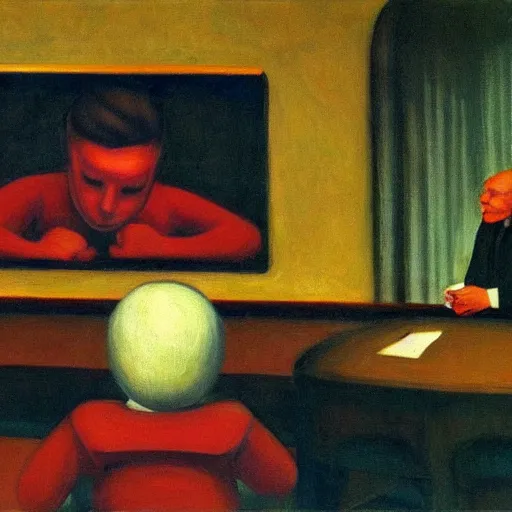 Image similar to giant baby professor giving a college lecture, lecture hall, dystopian, pj crook, edward hopper, oil on canvas