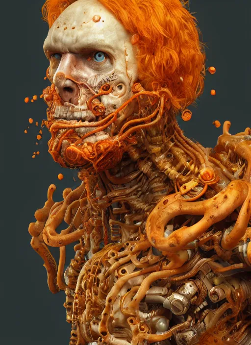 Prompt: biopunk portrait of curly orange hair man from doom 3, au naturel, hyper detailed, digital art, trending in artstation, cinematic lighting, studio quality, smooth render, unreal engine 5 rendered, octane rendered, art style by klimt and nixeu and ian sprigger and wlop and krenz cushart.