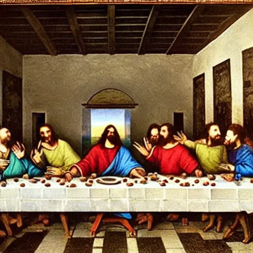 Image similar to the vampires from the show What we do in the shadows in the painting of the last supper by Leonard Da Vinci , photograph, ultrarealistic