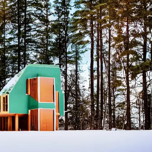 Image similar to wes anderson style modern futuristic cosy house near the lake, snowy mountains and green forest, cinematic, realism, photo, detailed