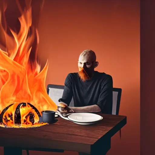 Image similar to a photograph of an orange humanlike dog in his house, sitting relaxed at a table, ☕ on the table, surrounded by flames and fire, smoke above him