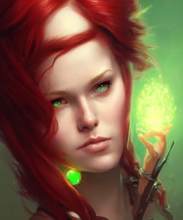 Image similar to Fae teenage girl, portrait, face, long red hair, green highlights, fantasy, intricate, elegant, highly detailed, digital painting, artstation, concept art, smooth, sharp focus, illustration, art by artgerm and greg rutkowski