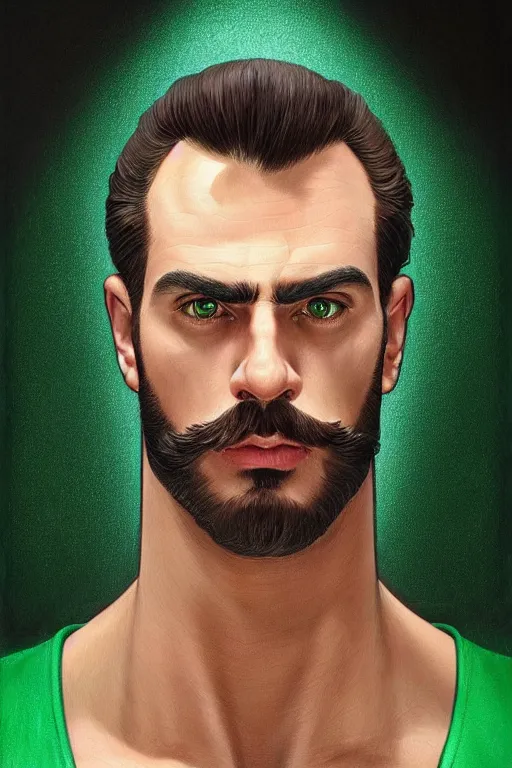 Prompt: gigachad luigi wearing a green jumpsuit by ilya kuvshinov, bodybuilder ernest khalimov, super mario bros symmetrical face concept art, hyper realistic, intricate, elegent, highly detailed, digital painting, concept art, smooth, sharp, focus, illustration, art by artgerm and greg rutkowski and alphonse mucha, artstation