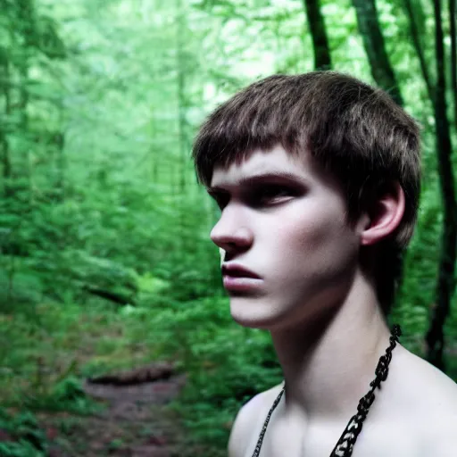 Image similar to a teenage boy, around 1 9 years old with necklace, natural brown hair, loincloth, pale skin, detailed face. crying in ominous and eerie looking forest. natural colors. realistic photo.