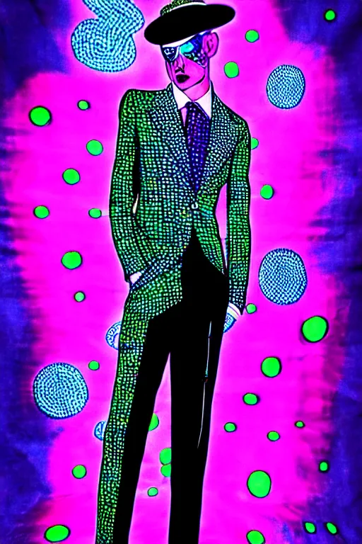 Prompt: psychedelic fashion business suit surrealist 1 9 2 0 s visionary blacklight neon pattern textile business suit uniform fashion shoot