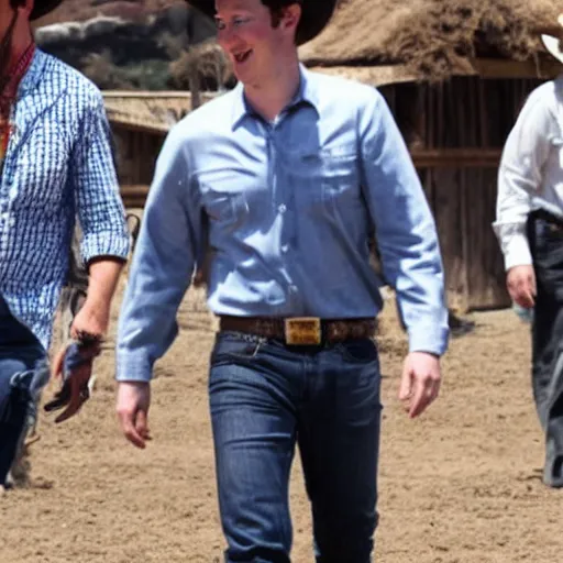Image similar to mark zuckerberg dressed like a cowboy, wild west