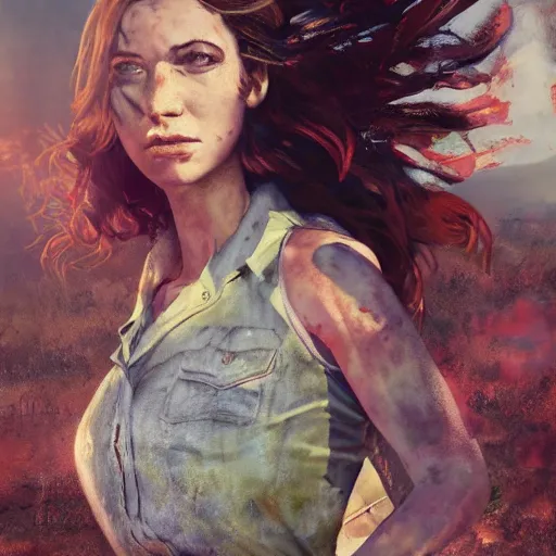 Prompt: fallout 5 : miami, charismatic beautiful rugged brunette female protagonist and companion, portrait, outdoors ruined airport, atmospheric lighting, painted, intricate, volumetric lighting, beautiful, summer, sunny weather, few clouds, sharp focus, deep colours, ultra detailed, by leesha hannigan, ross tran, thierry doizon, kai carpenter, ignacio fernandez rios